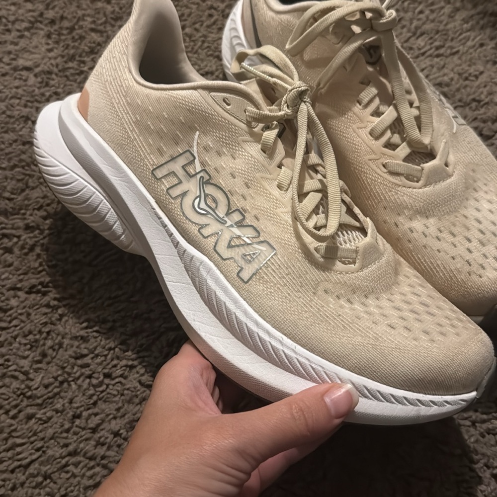 Hoka Cream Athletic Shoes with Cushioned Sole and Breathable Knit